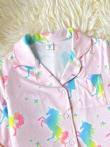 SHEIN 兒童青少年女孩可愛小馬印花家居服套裝休閒居家穿搭百搭 - 粉色 - 查看 3