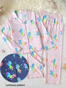 SHEIN 兒童青少年女孩可愛小馬印花家居服套裝休閒居家穿搭百搭 - 粉色 - 查看 5