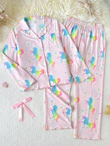 SHEIN 兒童青少年女孩可愛小馬印花家居服套裝休閒居家穿搭百搭 - 粉色 - 查看 7