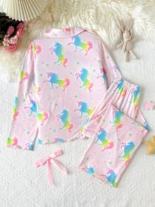 SHEIN 兒童青少年女孩可愛小馬印花家居服套裝休閒居家穿搭百搭 - 粉色 - 查看 2