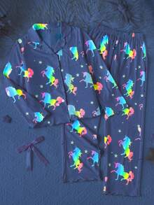 SHEIN 兒童青少年女孩可愛小馬印花家居服套裝休閒居家穿搭百搭 - 粉色 - 查看 1