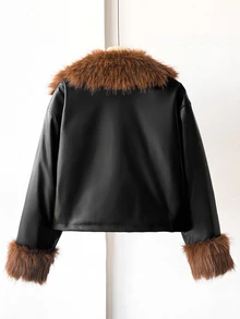 SHEIN 青少年女孩秋冬保暖內裡加厚休閒街頭風酷感翻領大毛領PU夾克外套 黑色 精緻奢華復古 - 黑色 - 查看 2