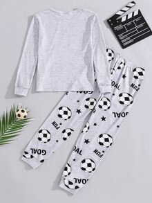 SHEIN Tween Boy Soccer Pattern Kids Crew Neck Long Sleeve Pants Casual Comfortable Skin-Friendly Home Snug Pajama Set 2pcs, Snug Fit - Light Grey - View 4