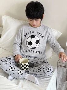 SHEIN Tween Boy Soccer Pattern Kids Crew Neck Long Sleeve Pants Casual Comfortable Skin-Friendly Home Snug Pajama Set 2pcs, Snug Fit - Light Grey - View 1