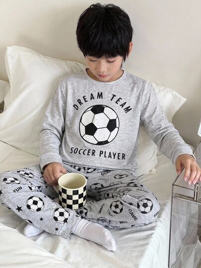 SHEIN Tween Boy Soccer Pattern Kids Crew Neck Long Sleeve Pants Casual Comfortable Skin-Friendly Home Snug Pajama Set 2pcs, Snug Fit