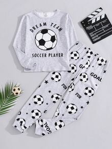 SHEIN Tween Boy Soccer Pattern Kids Crew Neck Long Sleeve Pants Casual Comfortable Skin-Friendly Home Snug Pajama Set 2pcs, Snug Fit - Light Grey - View 3