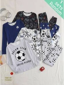 SHEIN Tween Boy Soccer Pattern Kids Crew Neck Long Sleeve Pants Casual Comfortable Skin-Friendly Home Snug Pajama Set 2pcs, Snug Fit - Light Grey - View 5
