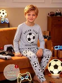 SHEIN Tween Boy Soccer Pattern Kids Crew Neck Long Sleeve Pants Casual Comfortable Skin-Friendly Home Snug Pajama Set 2pcs, Snug Fit - Light Grey - View 6