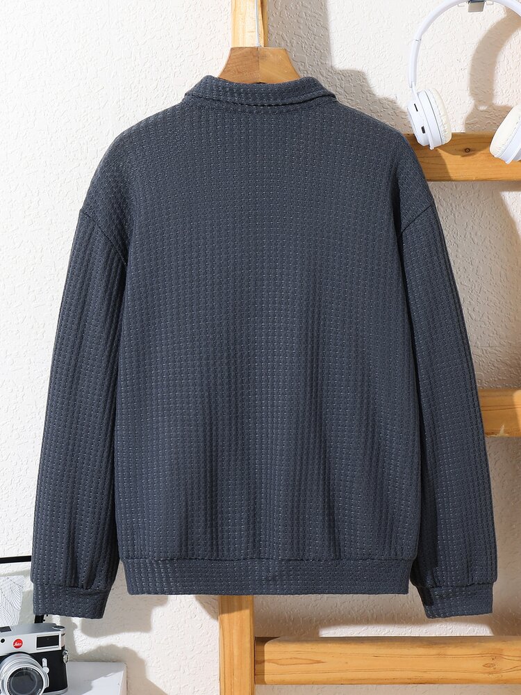 SHEIN Kids Tween Boy Casual Loose Fit Regular Shoulder Grey Solid Color Textured Waffle Fabric Collared Long Sleeve Sweatshirt Suitable For Commuting School Daily Casual Outings Sports Spring Summer - Dark Grey - View 3