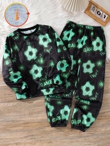 SHEIN 2件組兒童青少年男孩休閒日常百搭舒適印花圓領長袖秋季上衣與寬鬆收口睡褲家居服套裝 - 彩色 - 查看 3