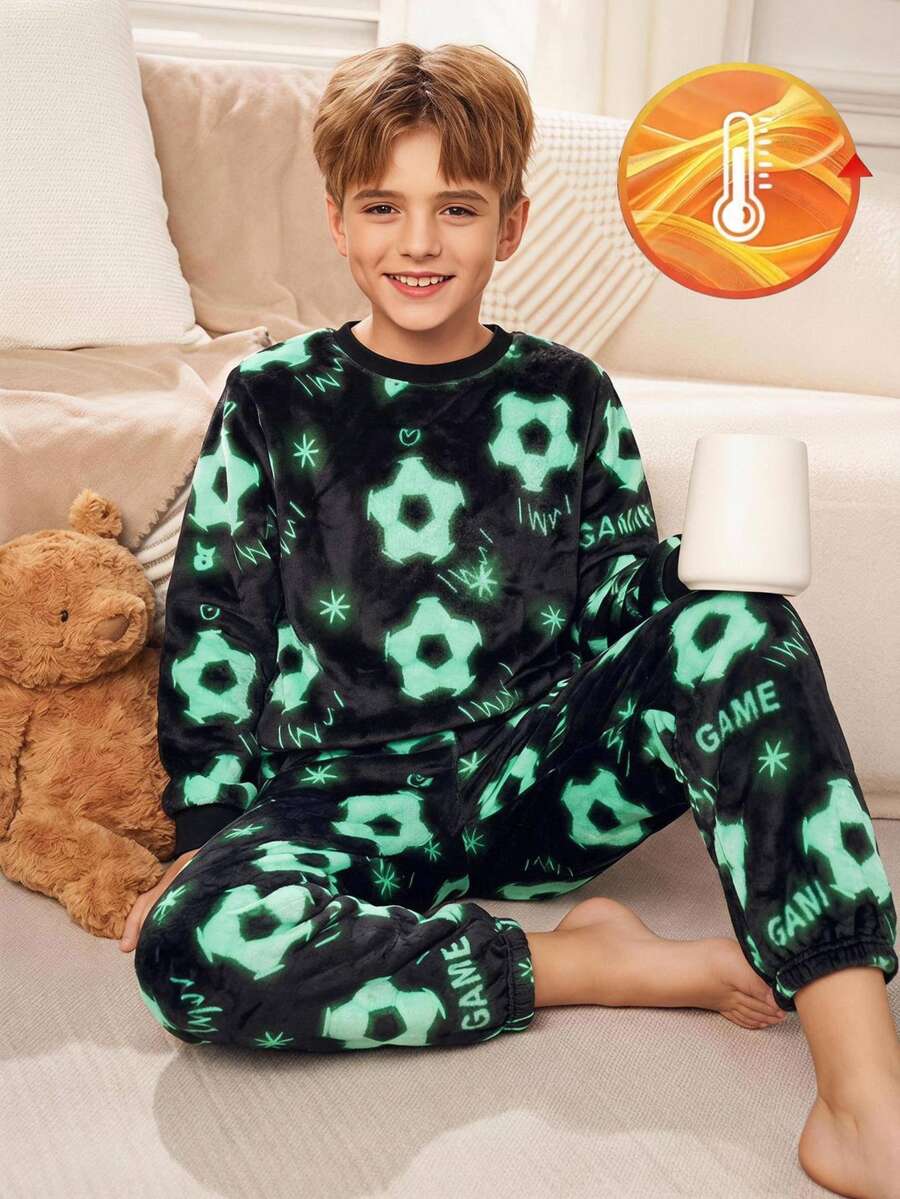 SHEIN 2件組兒童青少年男孩休閒日常百搭舒適印花圓領長袖秋季上衣與寬鬆收口睡褲家居服套裝 - 彩色 - 查看 1