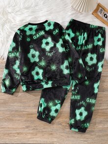 SHEIN 2件組兒童青少年男孩休閒日常百搭舒適印花圓領長袖秋季上衣與寬鬆收口睡褲家居服套裝 - 彩色 - 查看 2