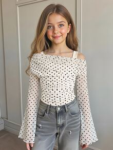 SHEIN 青少年女孩秋冬休閒優雅法式波點印花網紗不對稱領口喇叭袖長袖收腰短版T恤，Y2K日常穿搭 - 米色 - 查看 3