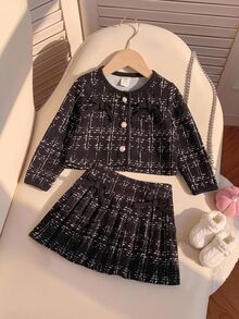 SHEIN Setelan 2 Potong Jaket dan Rok Kasual Rajut Kotak-kotak Leher Bulat untuk Bayi Perempuan - Hitam dan Putih - View 7