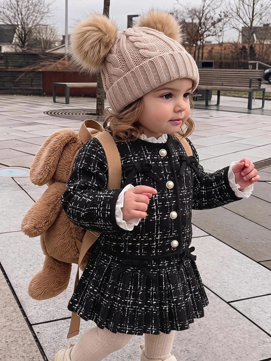 SHEIN Setelan 2 Potong Jaket dan Rok Kasual Rajut Kotak-kotak Leher Bulat untuk Bayi Perempuan - Hitam dan Putih - View 1