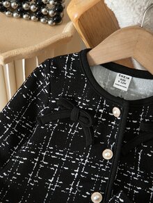 SHEIN Setelan 2 Potong Jaket dan Rok Kasual Rajut Kotak-kotak Leher Bulat untuk Bayi Perempuan - Hitam dan Putih - View 4