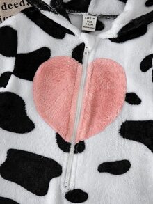 SHEIN 女嬰牛紋拉鍊連帽休閒日常連身長褲，適合秋冬與萬聖節 - 彩色 - 查看 4
