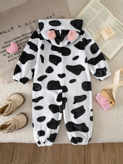 SHEIN Baby Girl Cow Print Zipper Hooded Casual Daily One-Piece Long Pants,Suitable For Autumn And Winter, And Halloween.