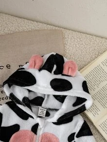 SHEIN 女嬰牛紋拉鍊連帽休閒日常連身長褲，適合秋冬與萬聖節 - 彩色 - 查看 3