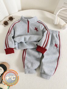 SHEIN 中性嬰兒男孩/女孩幼兒 2件組秋冬加厚抓絨內裡休閒可愛運動風立領運動衫套裝，嬰兒冬季服飾，運動套裝，聖誕 - 灰色 - 查看 6