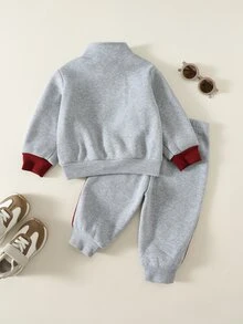 SHEIN 中性嬰兒男孩/女孩幼兒 2件組秋冬加厚抓絨內裡休閒可愛運動風立領運動衫套裝，嬰兒冬季服飾，運動套裝，聖誕 - 灰色 - 查看 2