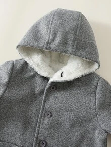 SHEIN 中性嬰兒男孩/女孩、幼兒秋冬學院風保暖內裡加厚羊毛混紡連帽外套，復古 - 灰色 - 查看 6