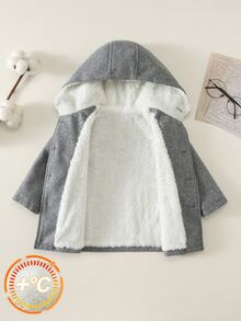 SHEIN 中性嬰兒男孩/女孩、幼兒秋冬學院風保暖內裡加厚羊毛混紡連帽外套，復古 - 灰色 - 查看 5