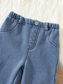 SHEIN Baby Boy Plush Casual Daily Travel Long Winter Pants With Pocket And Button - Blue - View 5