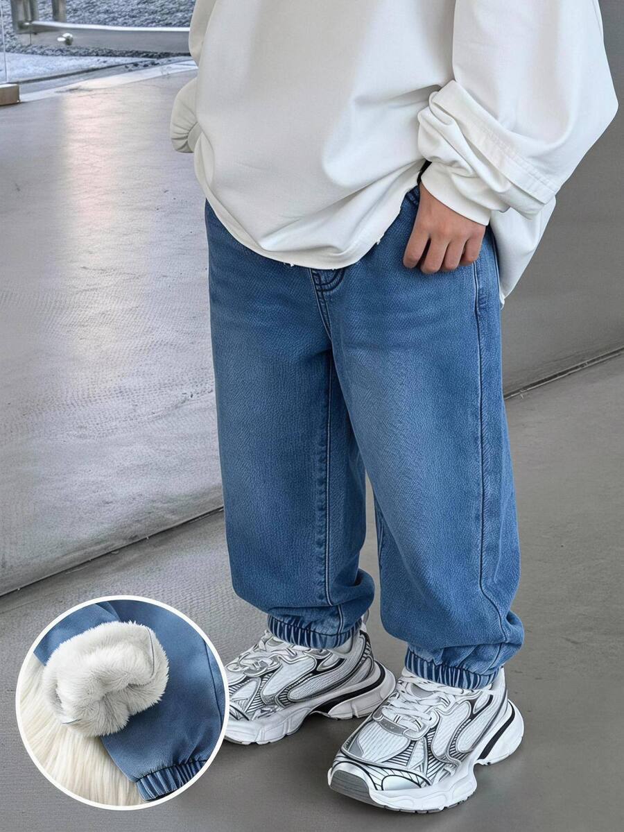 SHEIN Baby Boy Plush Casual Daily Travel Long Winter Pants With Pocket And Button - Blue - View 1