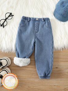SHEIN Baby Boy Plush Casual Daily Travel Long Winter Pants With Pocket And Button - Blue - View 7