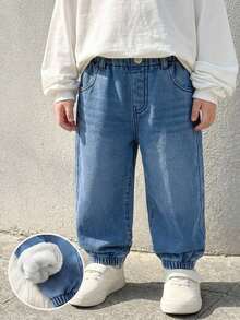 SHEIN Baby Boy Plush Casual Daily Travel Long Winter Pants With Pocket And Button - Blue - View 8
