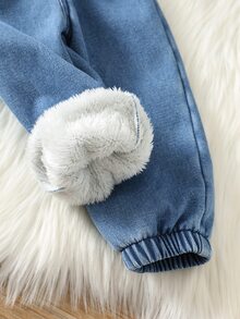 SHEIN Baby Boy Plush Casual Daily Travel Long Winter Pants With Pocket And Button - Blue - View 6