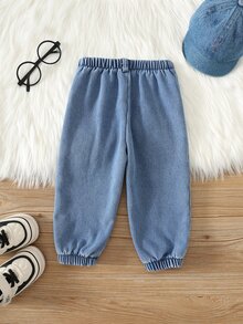 SHEIN Baby Boy Plush Casual Daily Travel Long Winter Pants With Pocket And Button - Blue - View 2