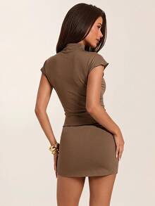SHEIN BAE Brown Floral Lace Patchwork High Neck Button Bodycon Knit Two Pieces Set, Suitable For Halloween, Christmas Party Night Out, Date Night Summer Sexy - Khaki - View 2
