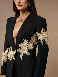 Silquee Black Blazer With Gold Appliques For Autumn/Winter-A Slim-Fit, Elegant Choice.Commuting, Work, And Office Outfits - Black - View 8