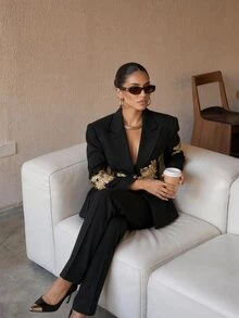 Silquee Black Blazer With Gold Appliques For Autumn/Winter-A Slim-Fit, Elegant Choice.Commuting, Work, And Office Outfits - Black - View 2