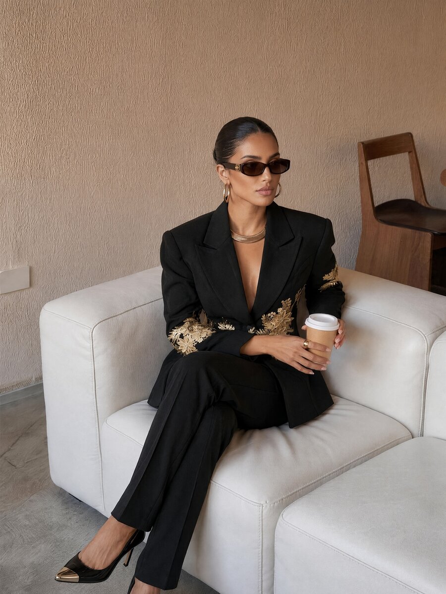 Silquee Black Blazer With Gold Appliques For Autumn/Winter-A Slim-Fit, Elegant Choice.Commuting, Work, And Office Outfits