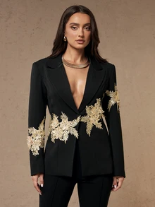 Silquee Black Blazer With Gold Appliques For Autumn/Winter-A Slim-Fit, Elegant Choice.Commuting, Work, And Office Outfits - Black - View 3