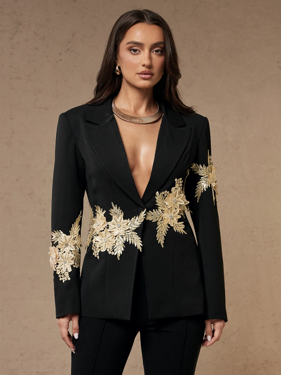 Silquee Black Blazer With Gold Appliques For Autumn/Winter-A Slim-Fit, Elegant Choice.Commuting, Work, And Office Outfits