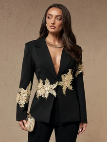 Silquee Black Blazer With Gold Appliques For Autumn/Winter-A Slim-Fit, Elegant Choice.Commuting, Work, And Office Outfits - Black - View 6
