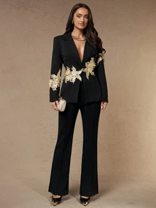 Silquee Black Blazer With Gold Appliques For Autumn/Winter-A Slim-Fit, Elegant Choice.Commuting, Work, And Office Outfits - Black - View 4