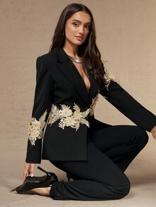 Silquee Black Blazer With Gold Appliques For Autumn/Winter-A Slim-Fit, Elegant Choice.Commuting, Work, And Office Outfits - Black - View 10