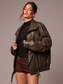 Silquee This Loose-Fitting Brown PU Leather Jacket For Women Features A Front Zipper Design And Is Suitable For Both Casual Outings And The Workplace. - Brown - View 9