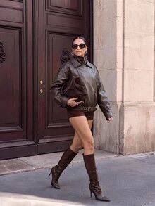 Silquee This Loose-Fitting Brown PU Leather Jacket For Women Features A Front Zipper Design And Is Suitable For Both Casual Outings And The Workplace. - Brown - View 2