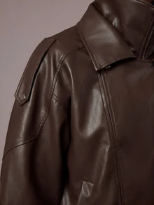 Silquee This Loose-Fitting Brown PU Leather Jacket For Women Features A Front Zipper Design And Is Suitable For Both Casual Outings And The Workplace. - Brown - View 8