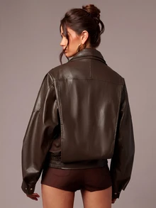 Silquee This Loose-Fitting Brown PU Leather Jacket For Women Features A Front Zipper Design And Is Suitable For Both Casual Outings And The Workplace. - Brown - View 3