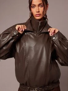 Silquee This Loose-Fitting Brown PU Leather Jacket For Women Features A Front Zipper Design And Is Suitable For Both Casual Outings And The Workplace. - Brown - View 5