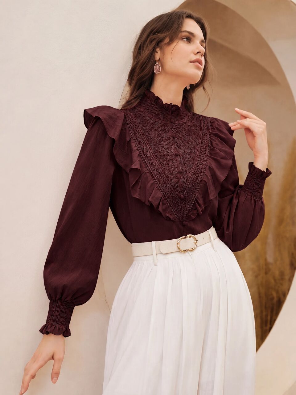 Anewsta Women's New Pink Stand Collar Ruffle Patchwork Lace French Romantic Ruffle Long Sleeve Blouse