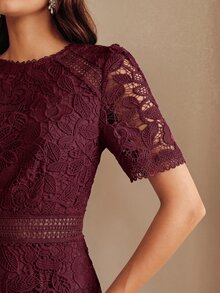 Anewsta 女款秋季優雅圓領短袖鏤空蕾絲A字洋裝，適合婚禮賓客、派對與儀式場合 - 酒紅色 - 查看 7