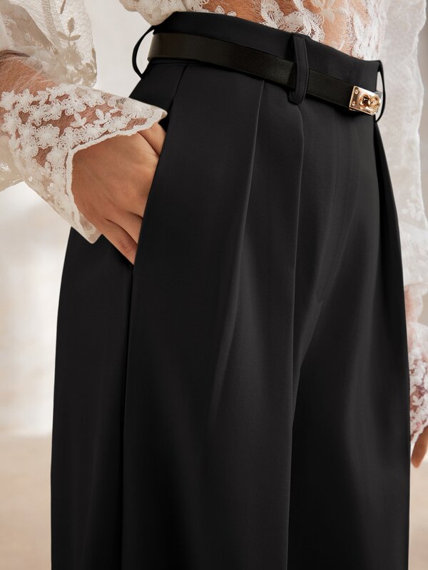 Anewsta Tall Fashionable Modern Black Long Pants Commuter Casual Belt Tall Women's Dress Pants